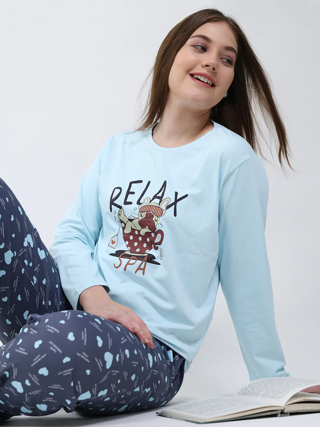 Women Sky Blue Printed Round Neck Full Sleeve Lower Set - Image 6