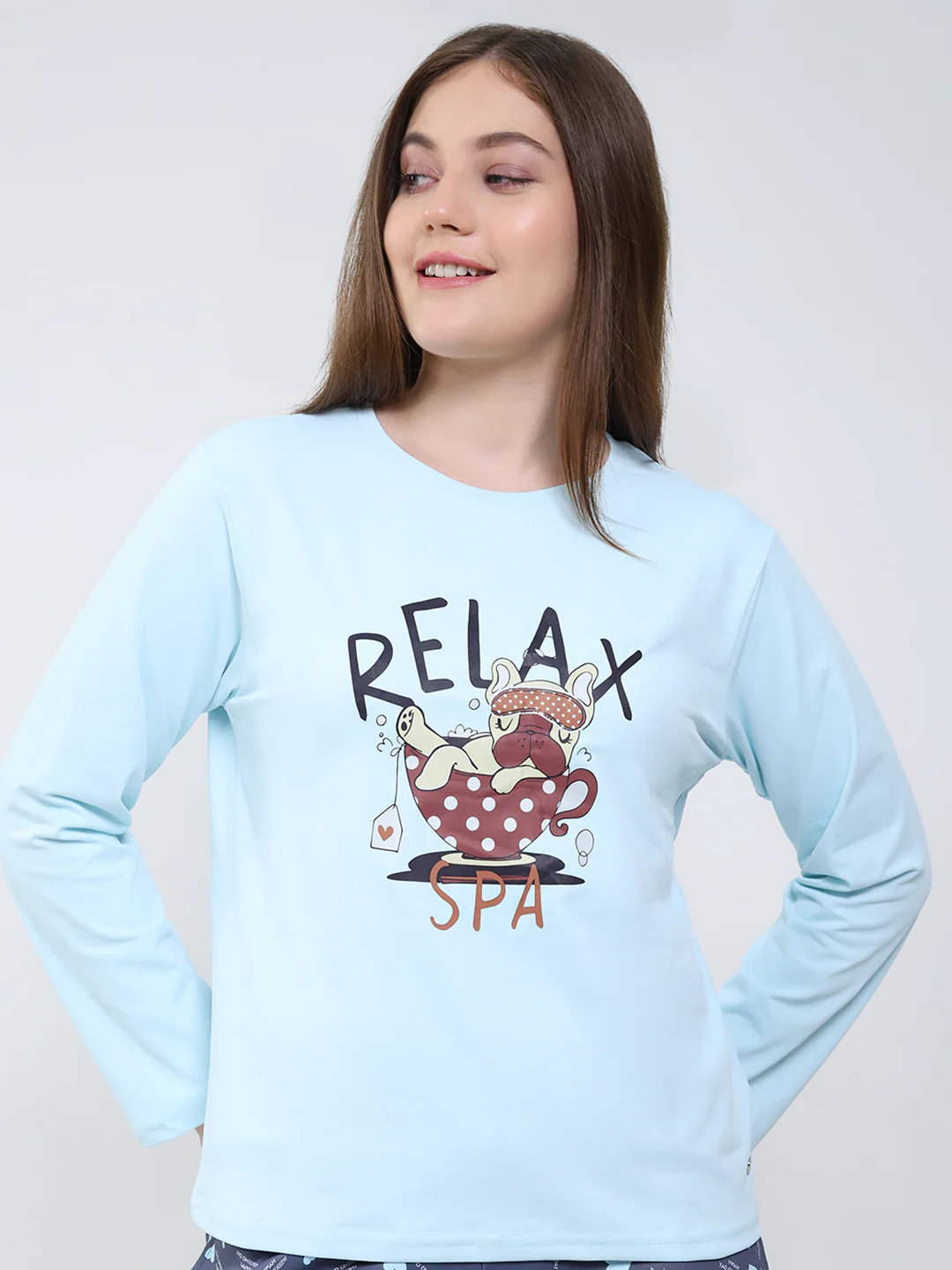 Women Sky Blue Printed Round Neck Full Sleeve Lower Set - Image 7