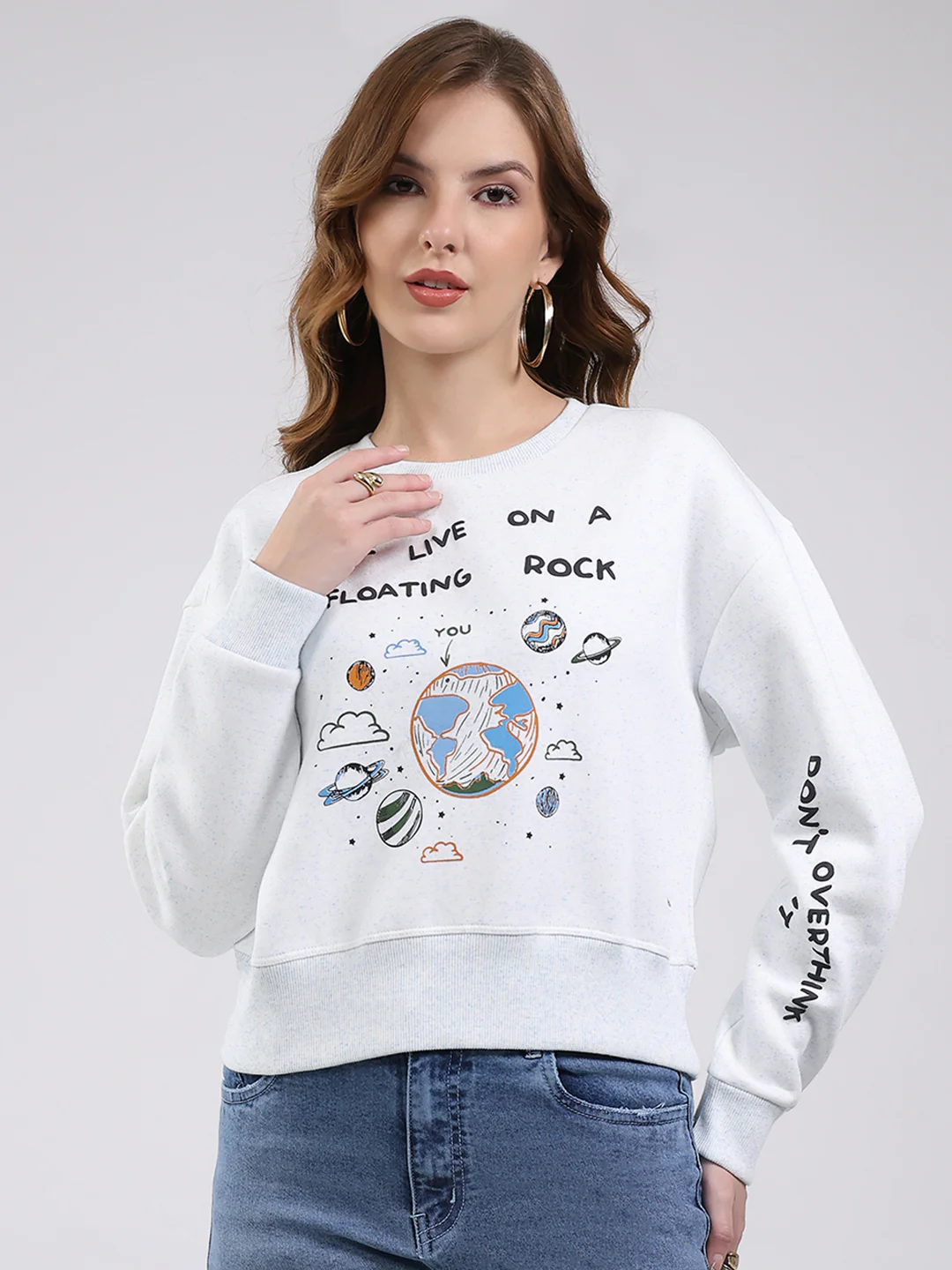 Women Sky Blue Printed Round Neck Full Sleeve Sweatshirt