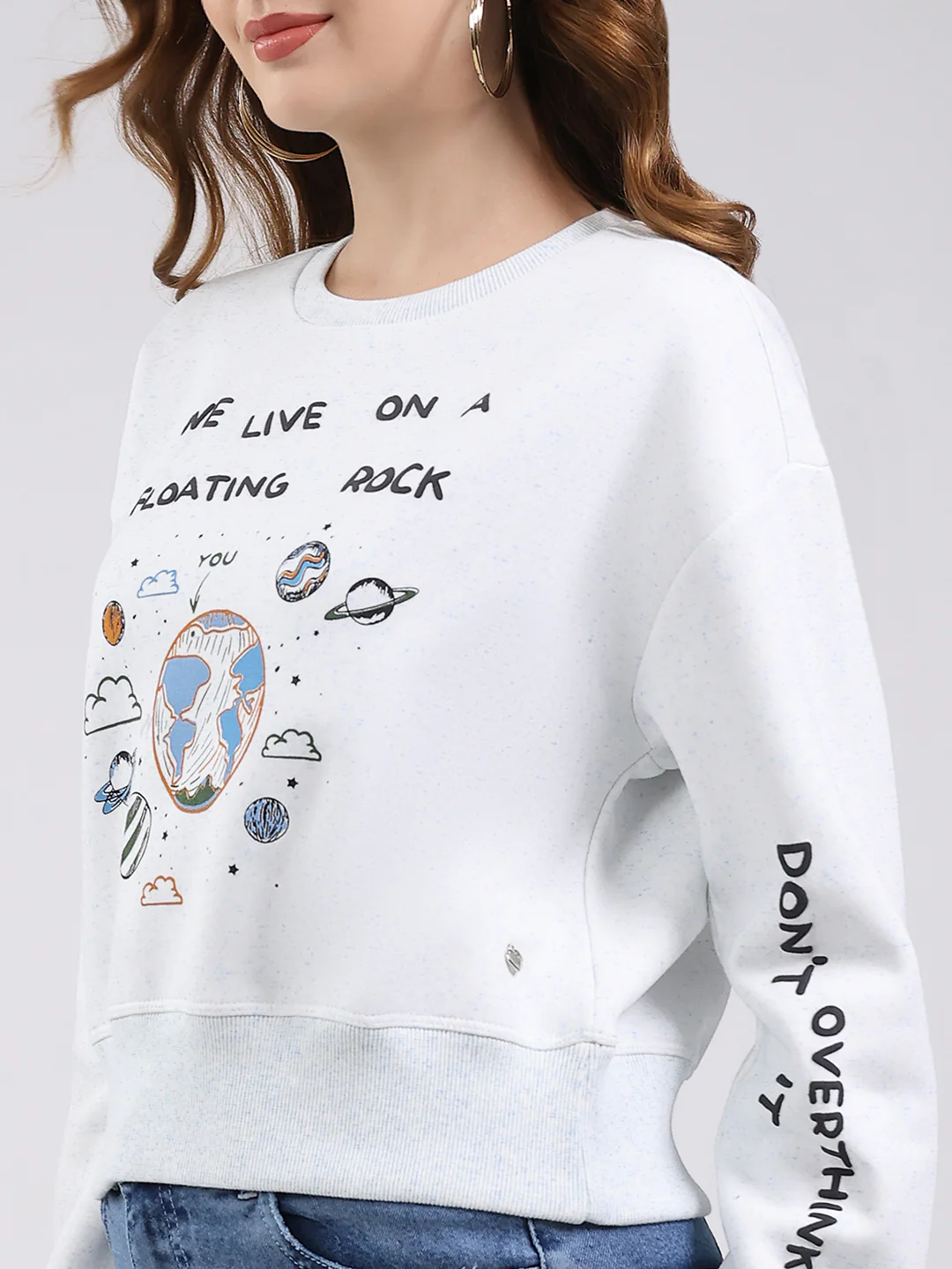 Women Sky Blue Printed Round Neck Full Sleeve Sweatshirt - Image 6