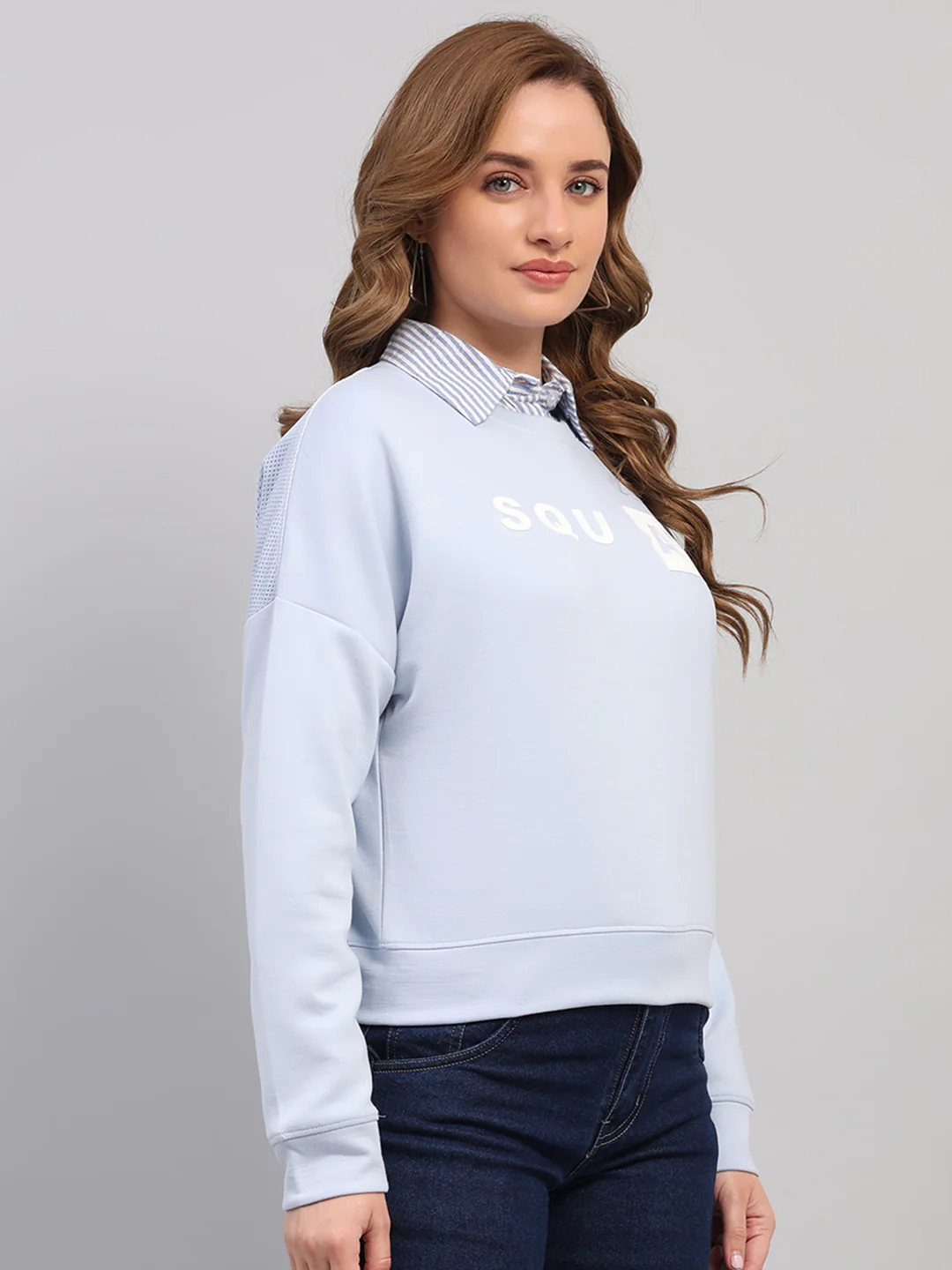 Women Sky Blue Printed Round Neck Full Sleeve Sweatshirt - Image 4