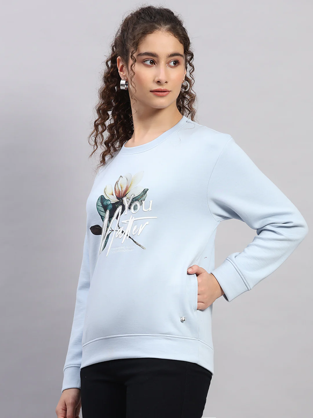 Women Sky Blue Printed Round Neck Full Sleeve Sweatshirt - Image 3