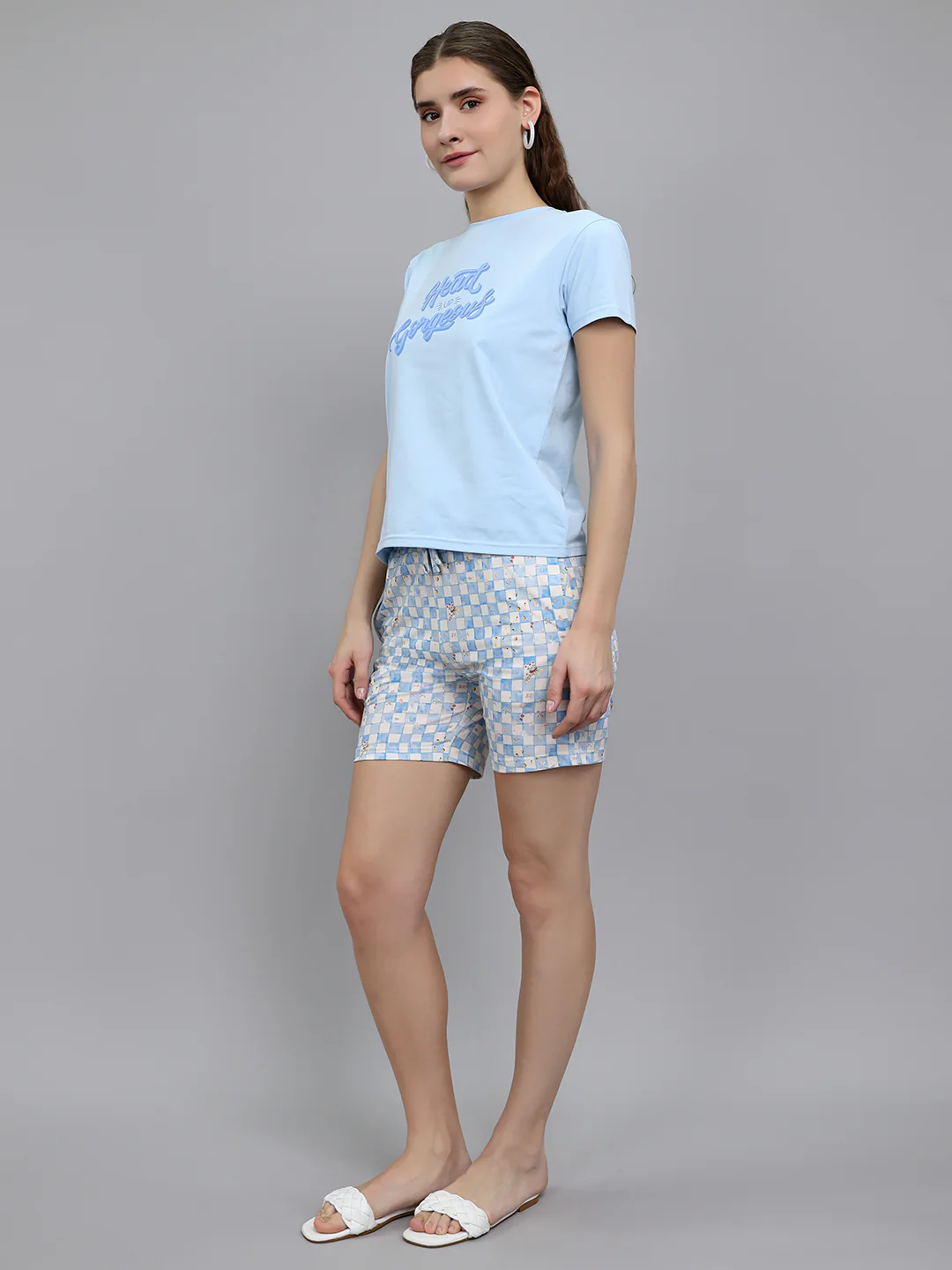 Women Sky Blue Printed Round Neck Half Sleeve Combo 3 Pc Set (T-Shirt, Shorts & Lower) - Image 2