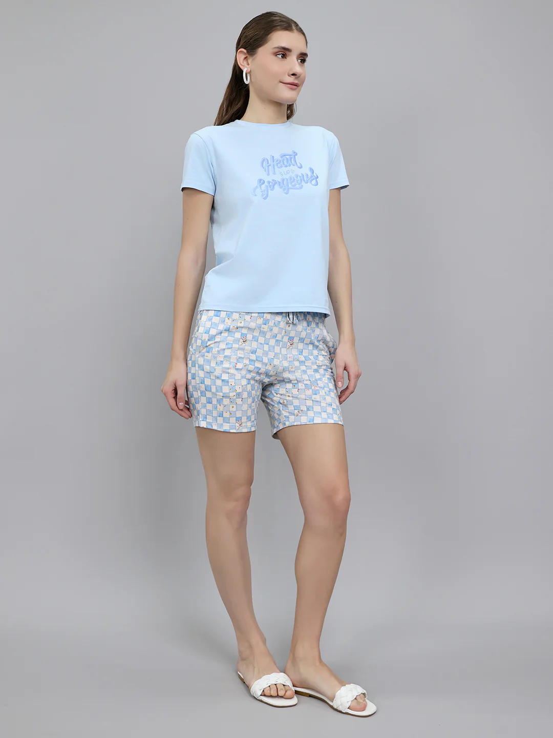 Women Sky Blue Printed Round Neck Half Sleeve Combo 3 Pc Set (T-Shirt, Shorts & Lower) - Image 3