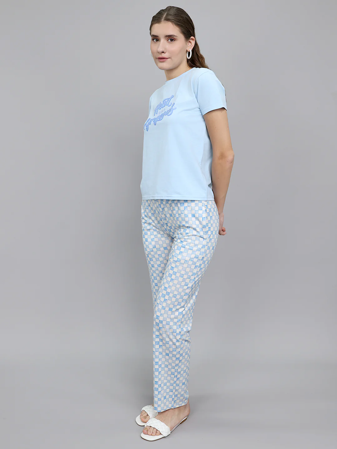 Women Sky Blue Printed Round Neck Half Sleeve Combo 3 Pc Set (T-Shirt, Shorts & Lower) - Image 5