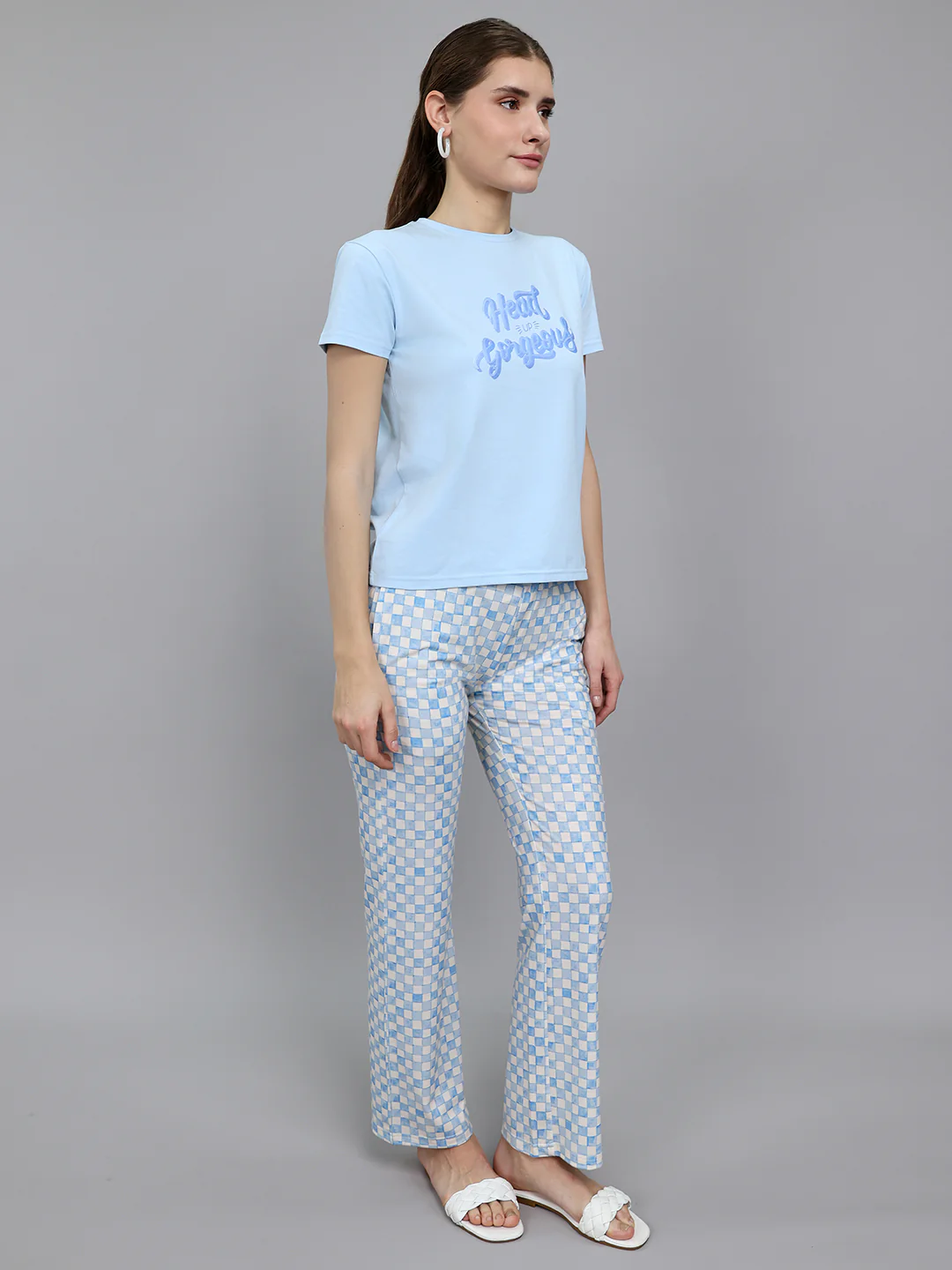 Women Sky Blue Printed Round Neck Half Sleeve Combo 3 Pc Set (T-Shirt, Shorts & Lower) - Image 6