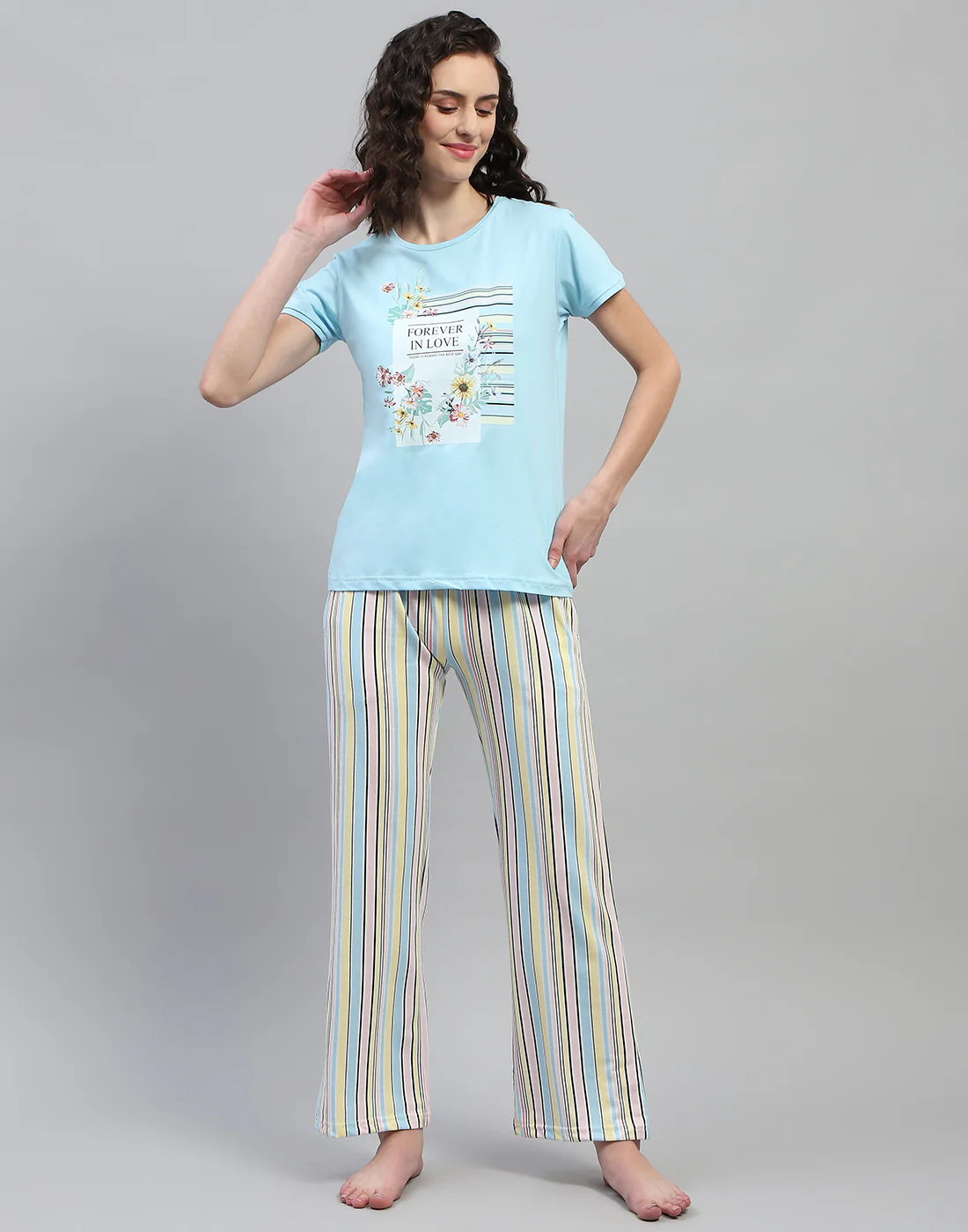 Women Sky Blue Printed Round Neck Half Sleeve Combo 3Pc Set - Image 4