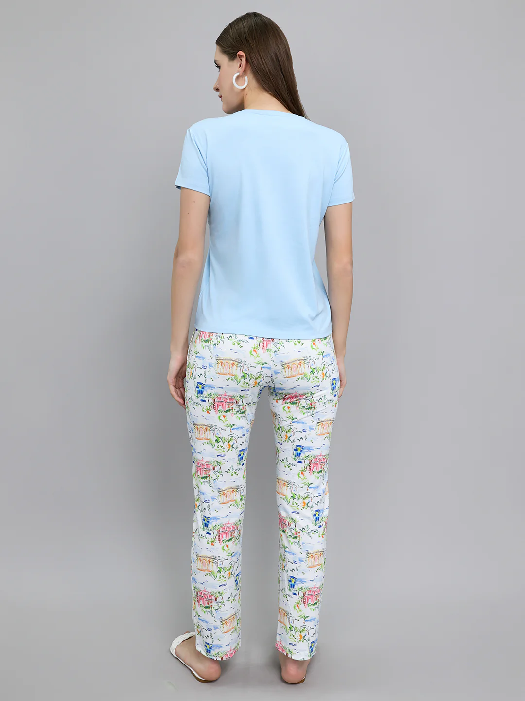 Women Sky Blue Printed Round Neck Half Sleeve Lower Set - Image 4