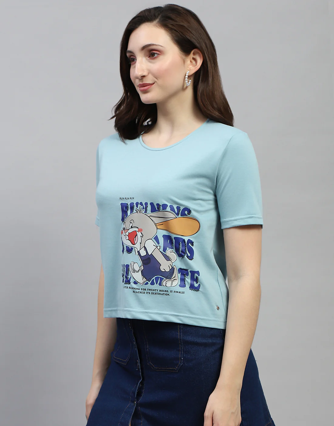 Women Sky Blue Printed Round Neck Half Sleeve Top - Image 3
