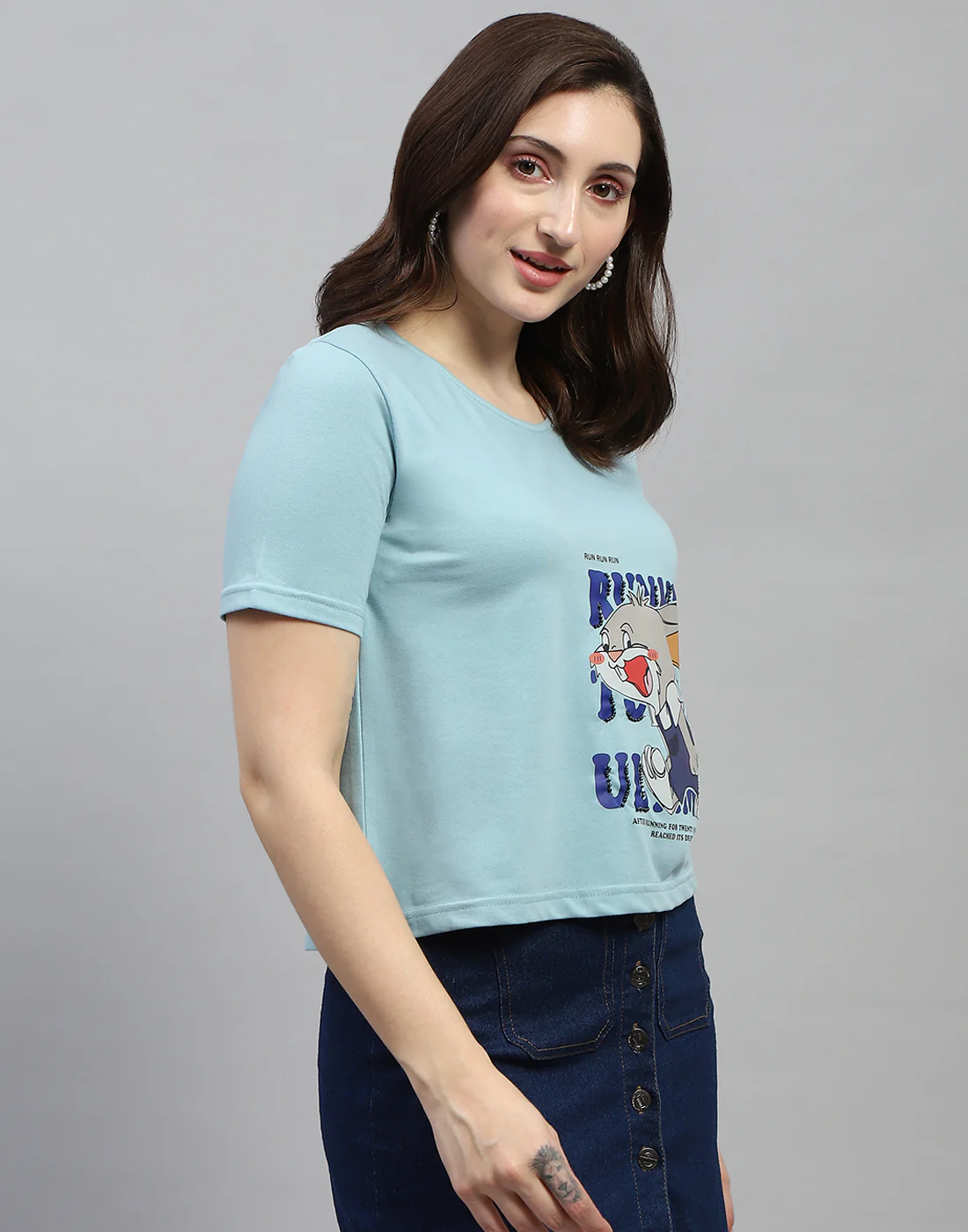 Women Sky Blue Printed Round Neck Half Sleeve Top - Image 4