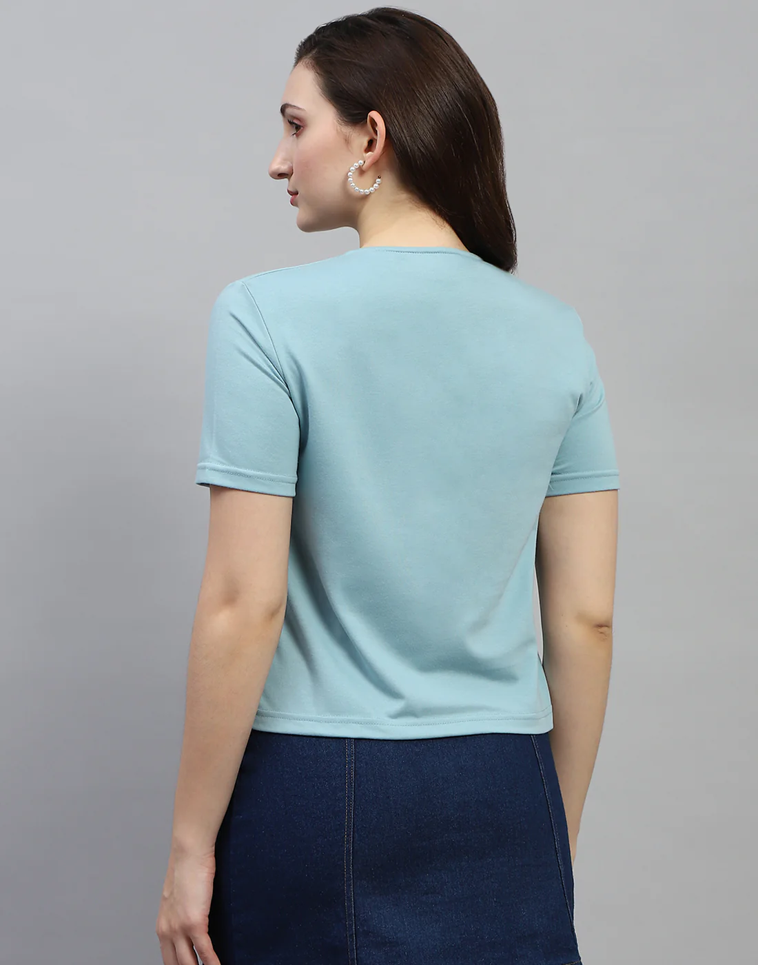 Women Sky Blue Printed Round Neck Half Sleeve Top - Image 5