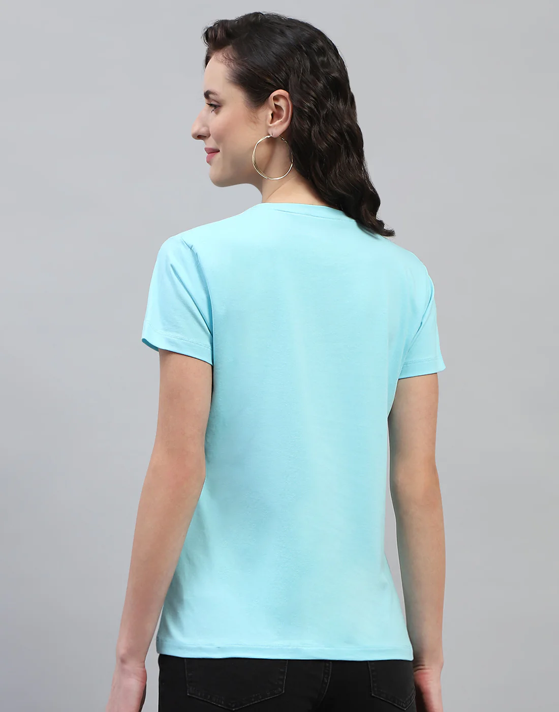 Women Sky Blue Printed Round Neck Half Sleeve Top - Image 5
