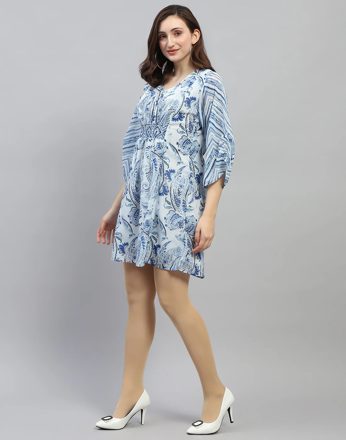 Women Sky Blue Printed V Neck 3/4 Sleeve Dress - Image 3