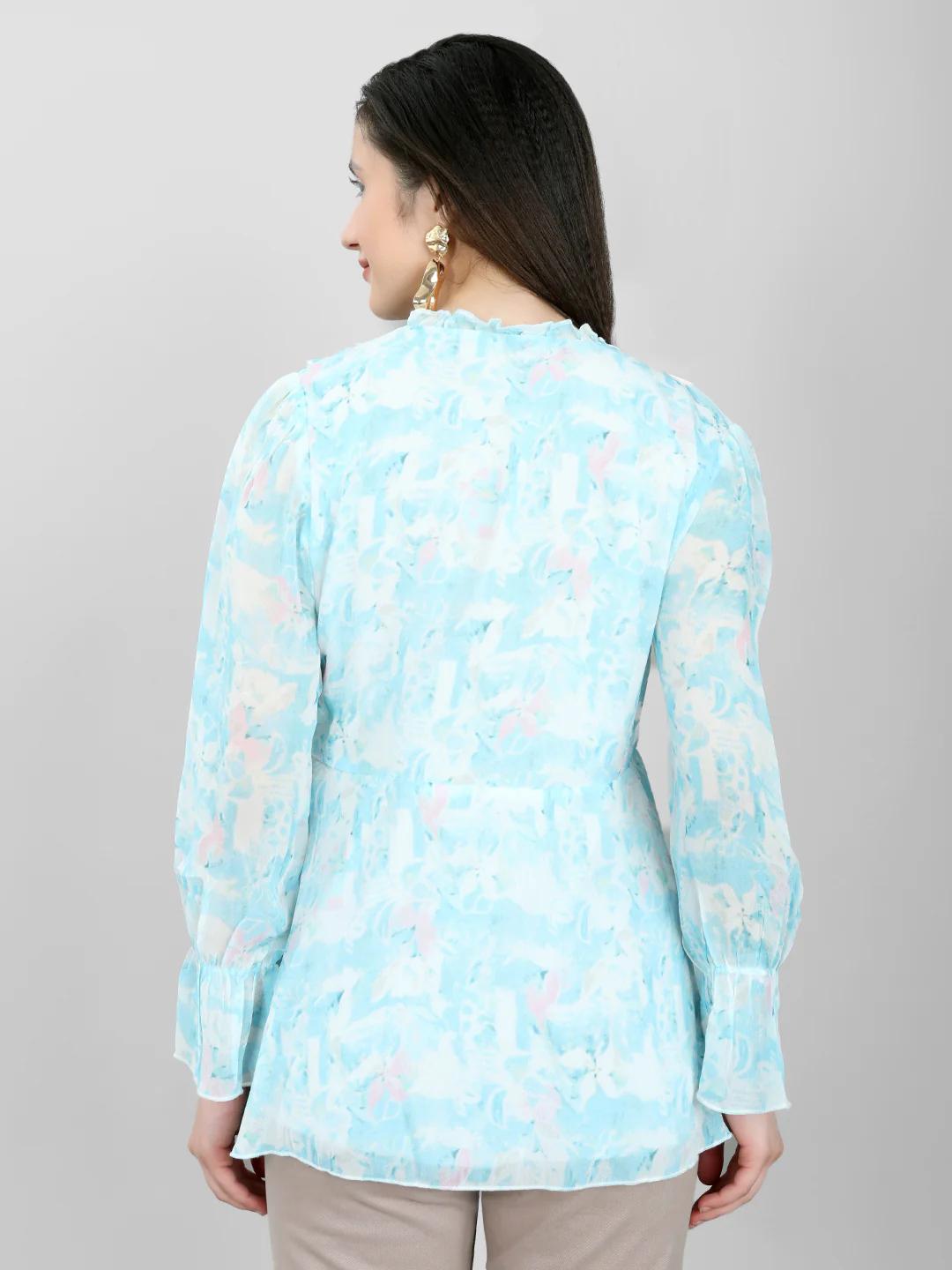 Women Sky Blue Printed V Neck Full Sleeve Top - Image 4