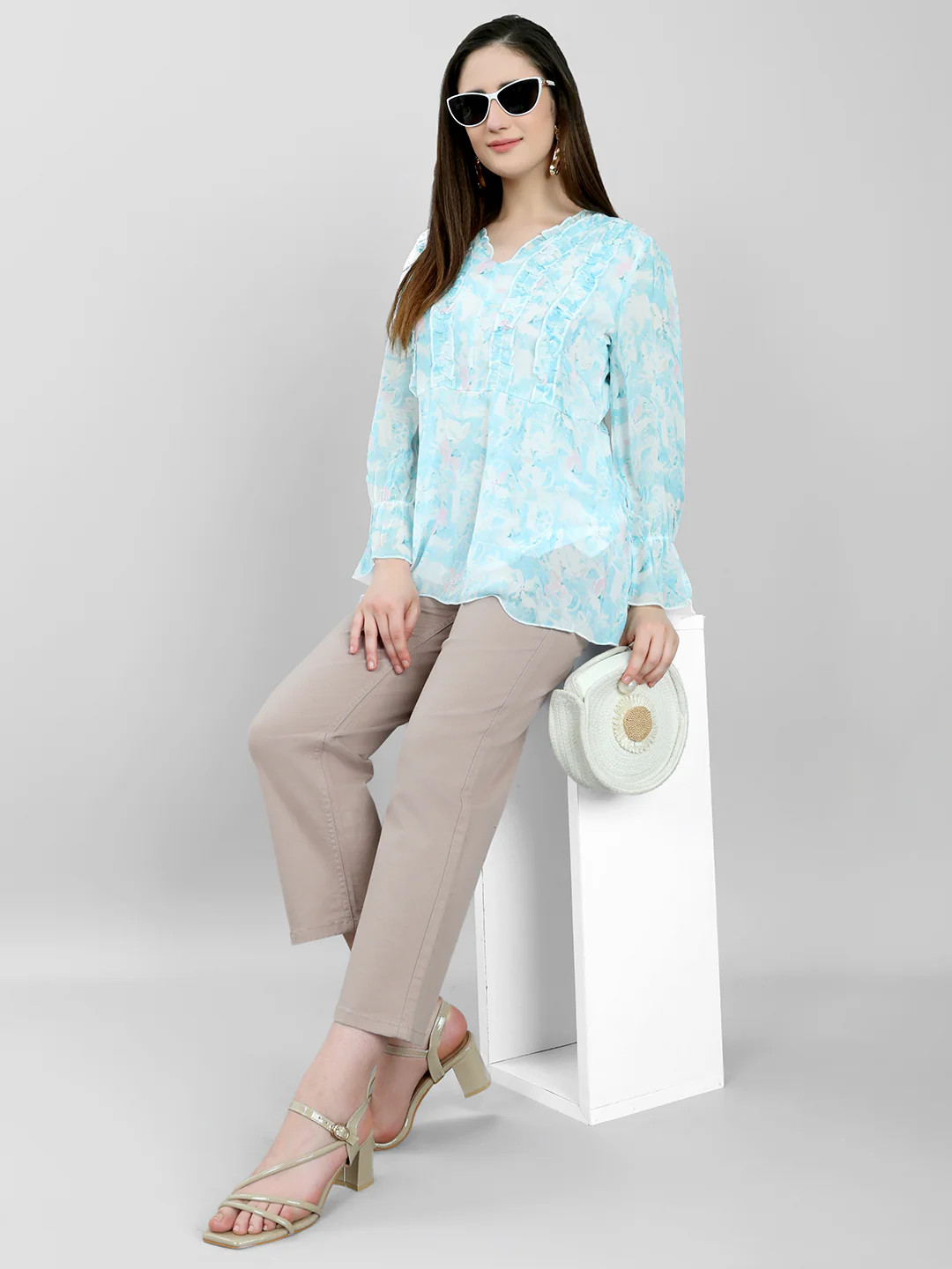 Women Sky Blue Printed V Neck Full Sleeve Top - Image 6