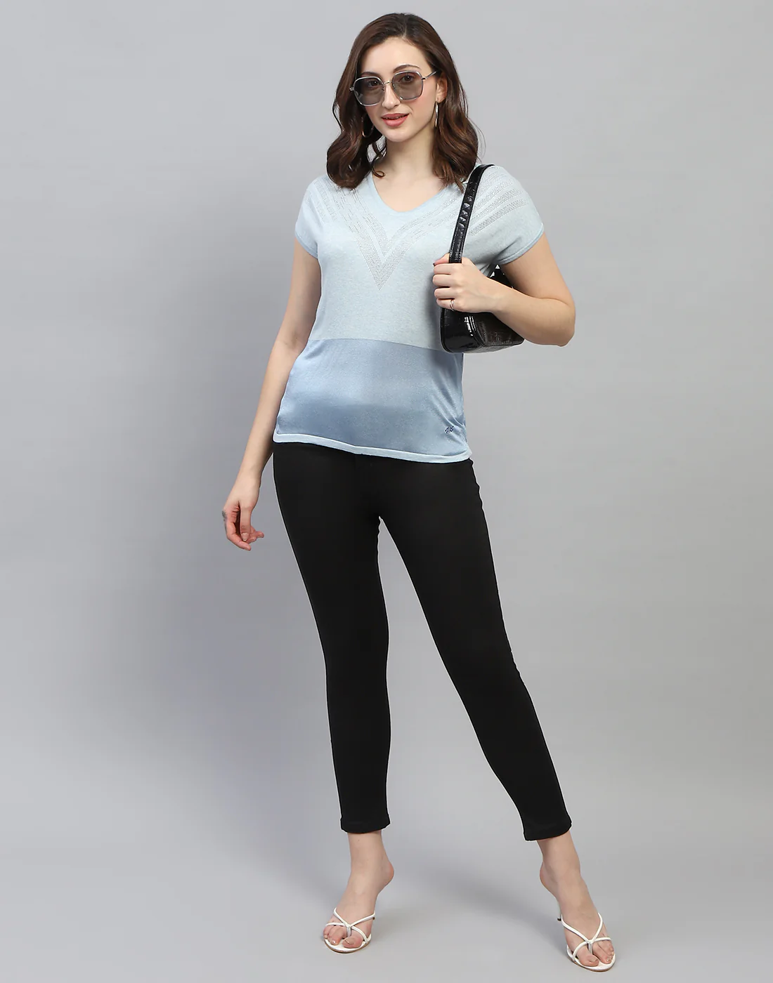 Women Sky Blue Self Design Round Neck Half Sleeve Top - Image 2