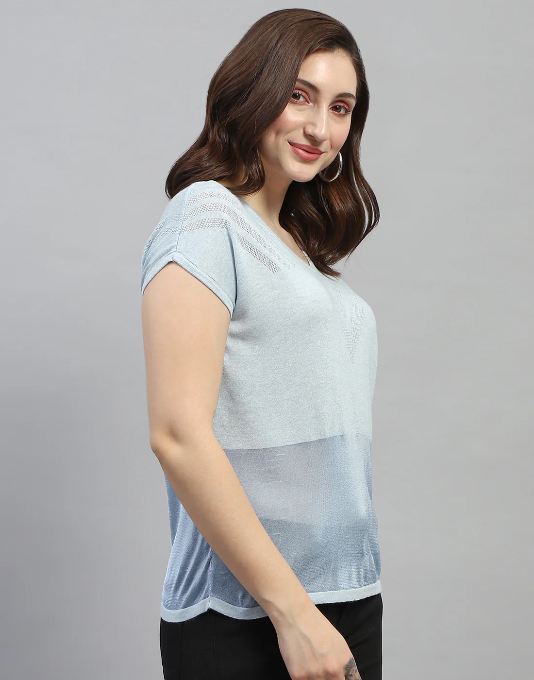 Women Sky Blue Self Design Round Neck Half Sleeve Top - Image 4