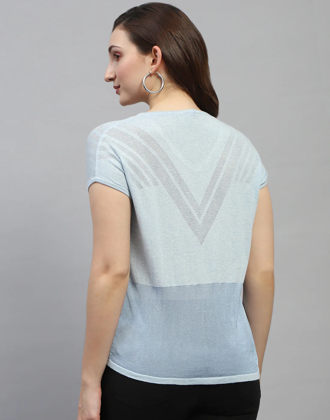 Women Sky Blue Self Design Round Neck Half Sleeve Top - Image 5