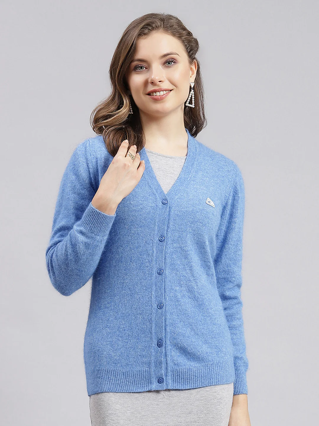 Women Sky Blue Solid Angoora Cardigan - Image 2