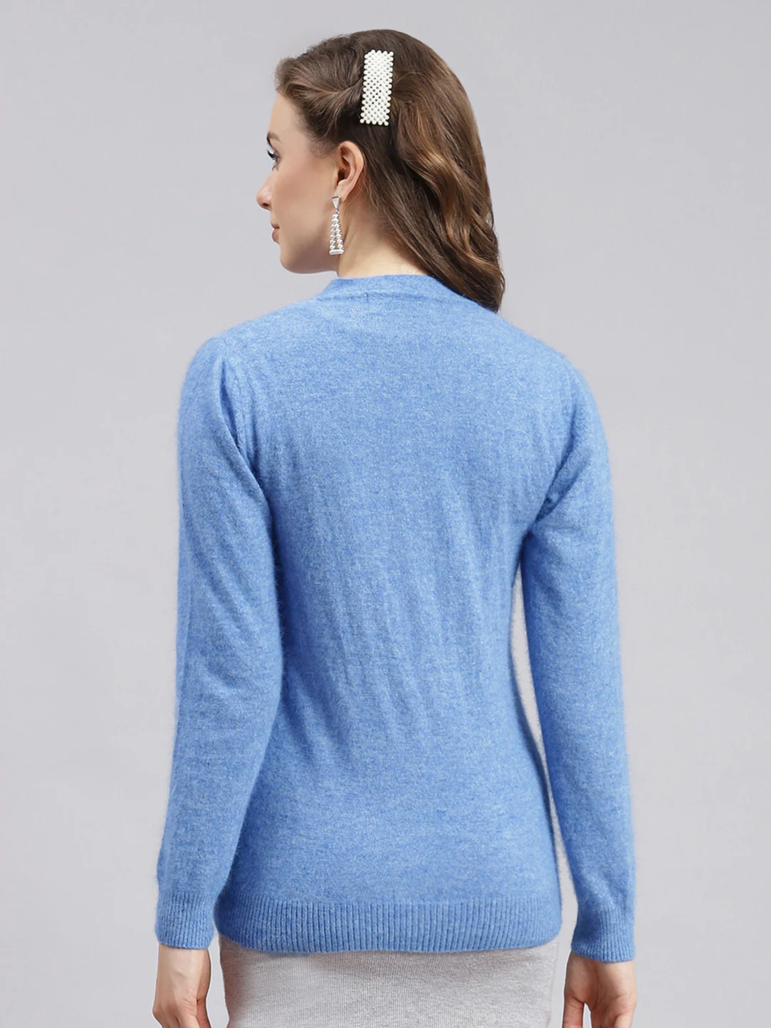 Women Sky Blue Solid Angoora Cardigan - Image 5
