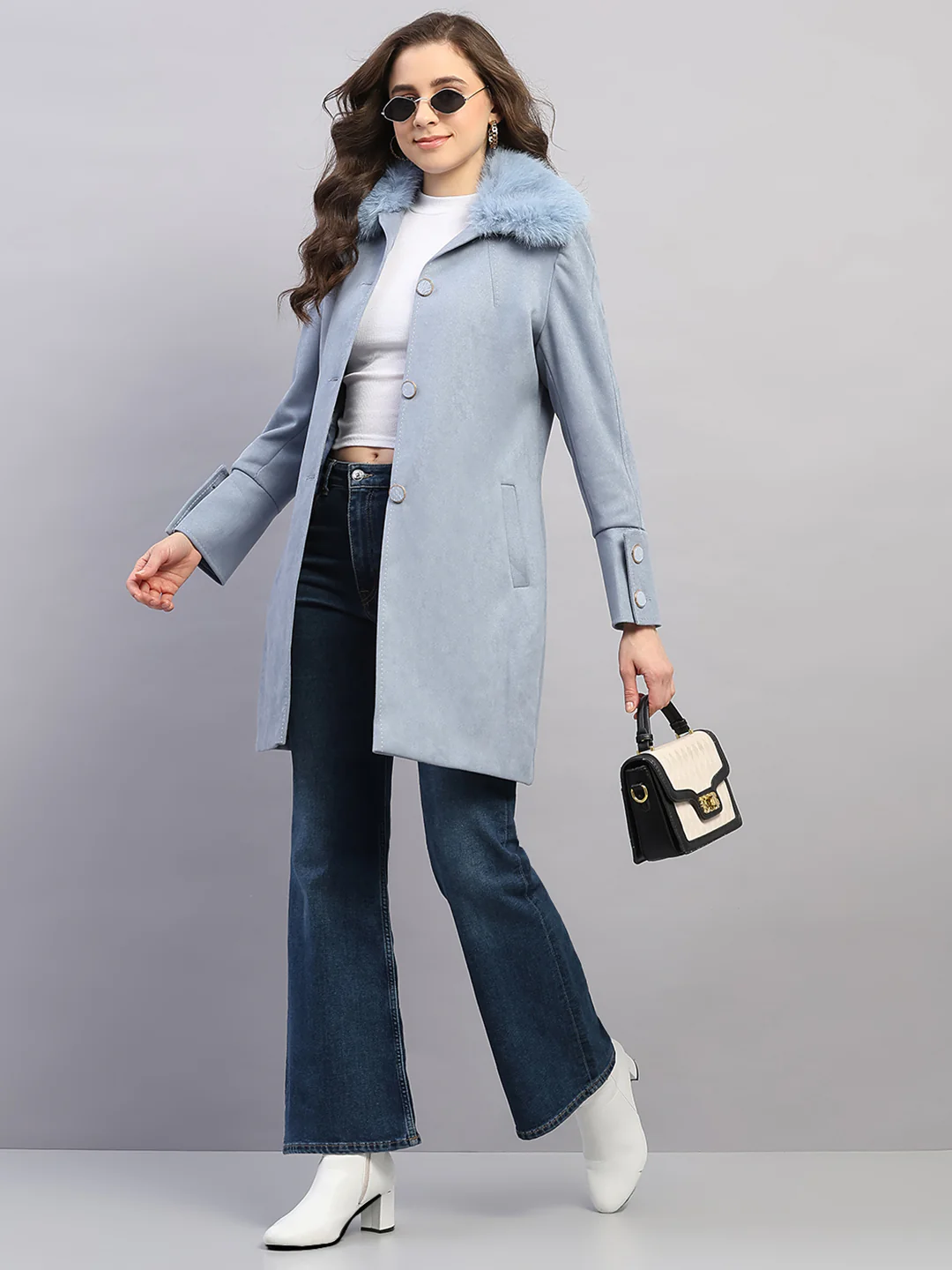 Women Sky Blue Solid Collar Full Sleeve Coat - Image 2