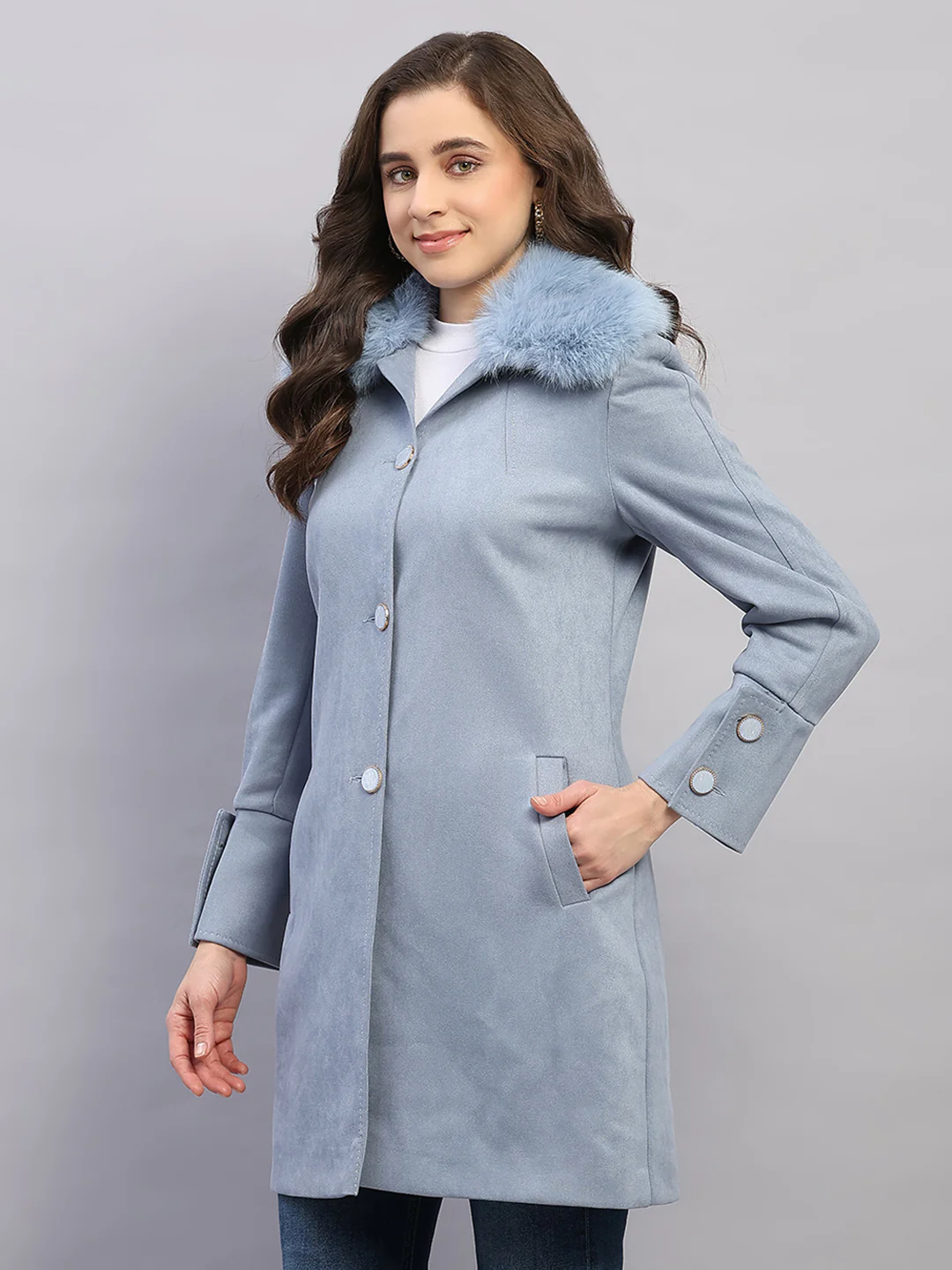 Women Sky Blue Solid Collar Full Sleeve Coat - Image 3