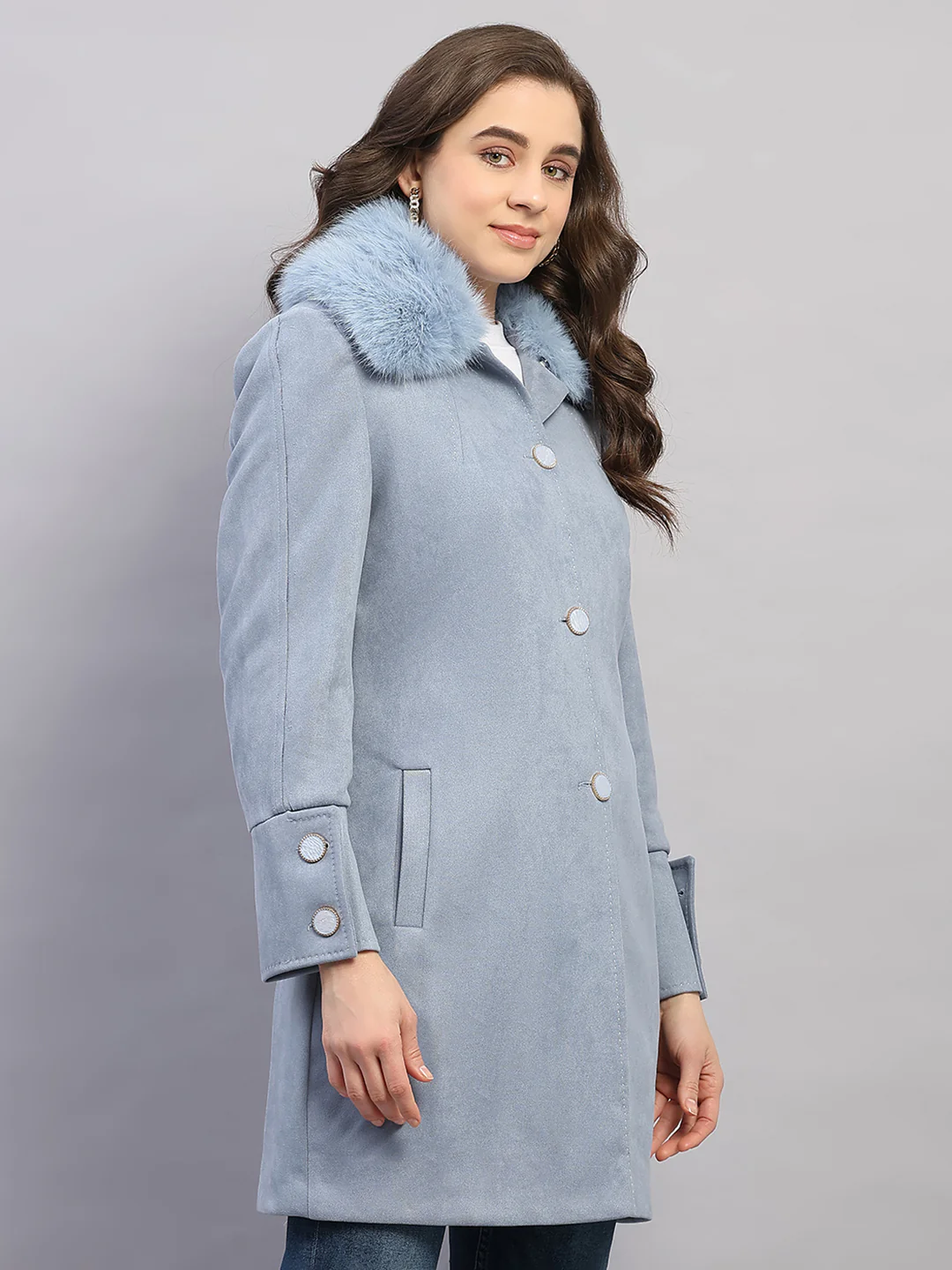 Women Sky Blue Solid Collar Full Sleeve Coat - Image 4