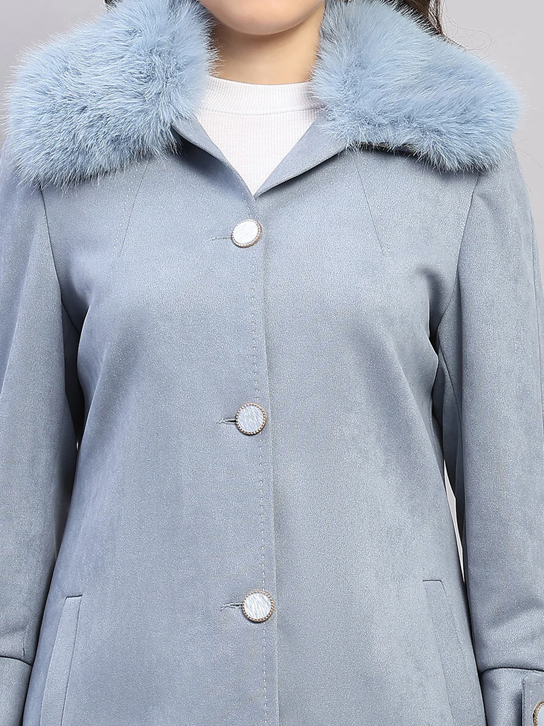 Women Sky Blue Solid Collar Full Sleeve Coat - Image 6