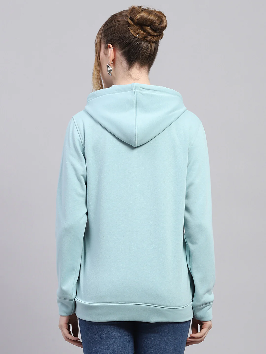 Women Sky Blue Solid Hooded Full Sleeve Sweatshirt - Image 5