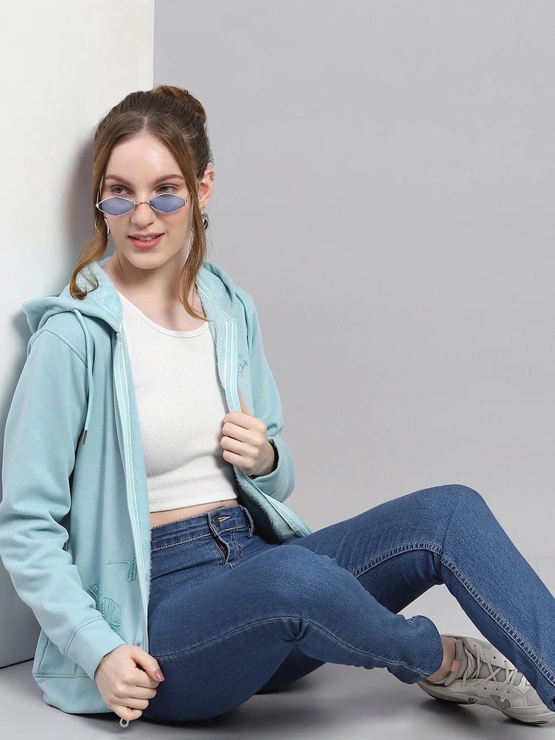 Women Sky Blue Solid Hooded Full Sleeve Sweatshirt - Image 6