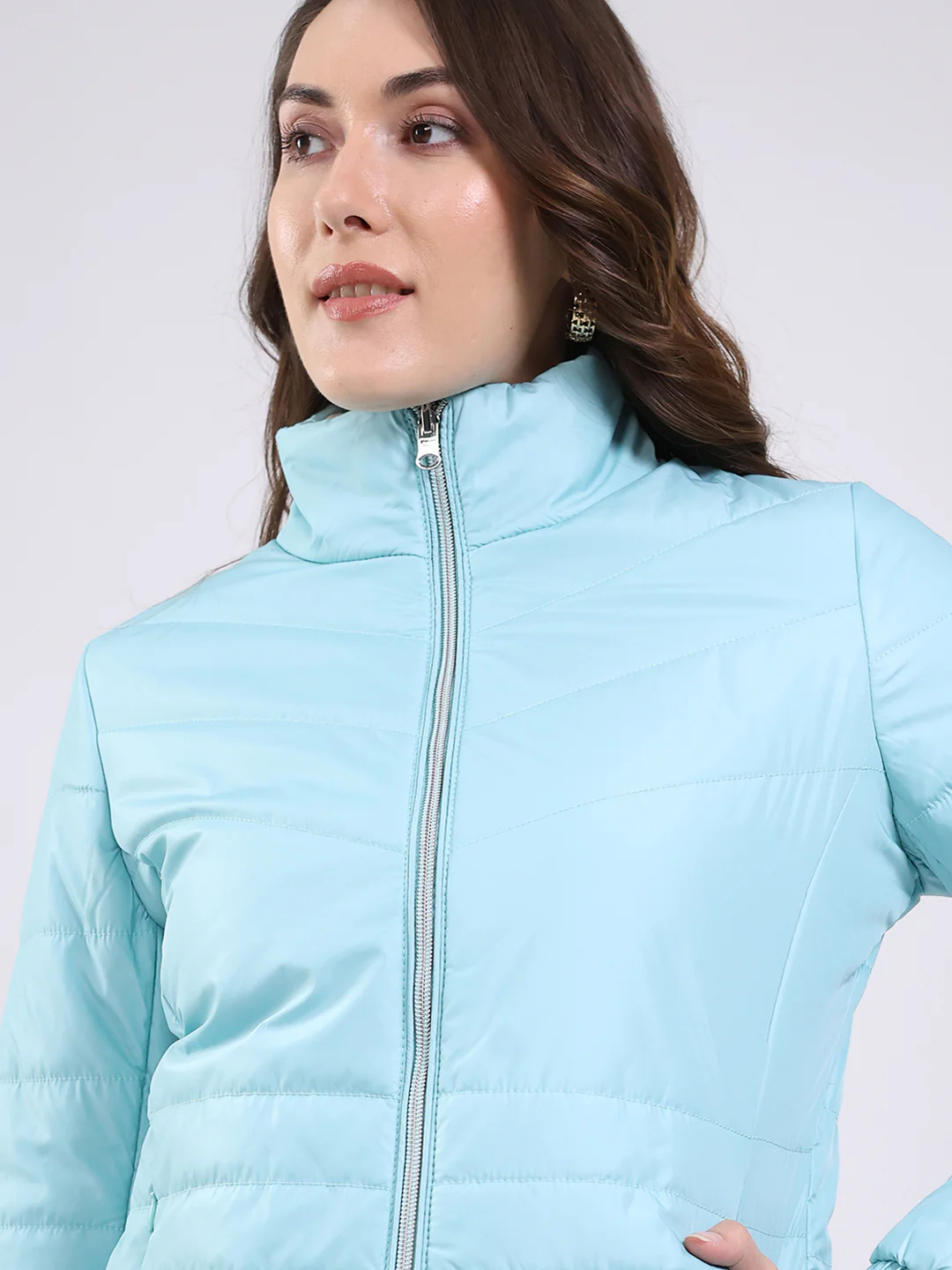 Women Sky Blue Solid Mock Neck Full Sleeve Jacket - Image 10