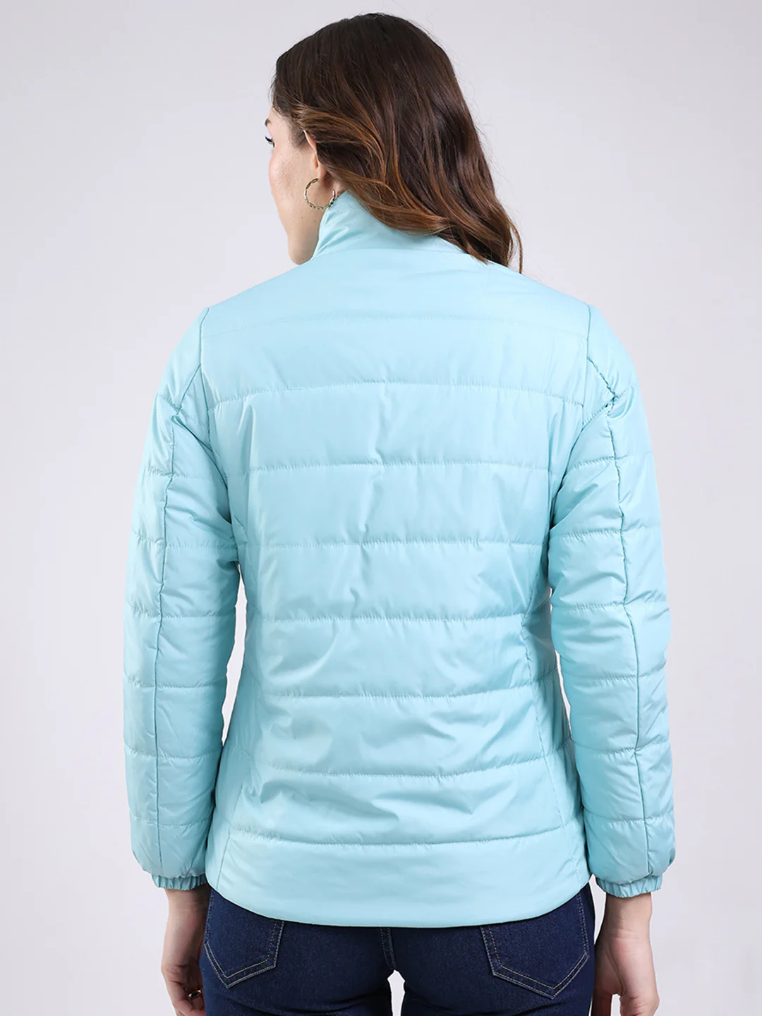 Women Sky Blue Solid Mock Neck Full Sleeve Jacket - Image 5
