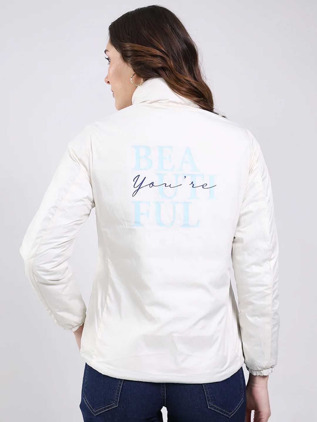Women Sky Blue Solid Mock Neck Full Sleeve Jacket - Image 9