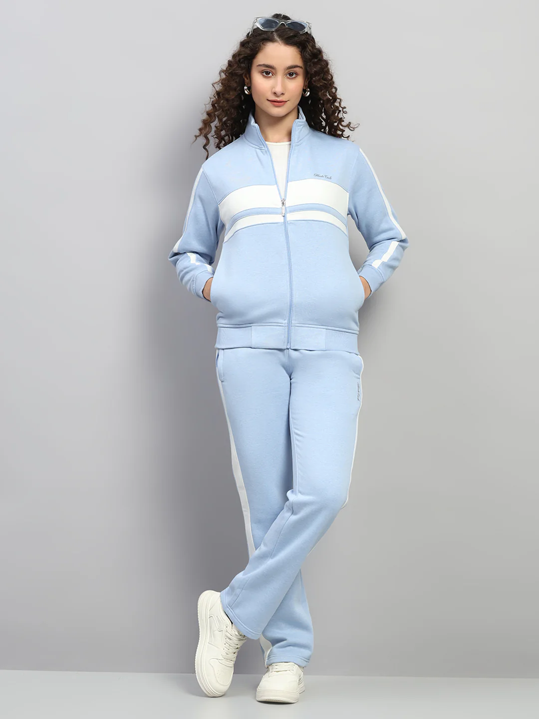 Women Sky Blue Solid Mock Neck Full Sleeve Winter Tracksuit - Image 2