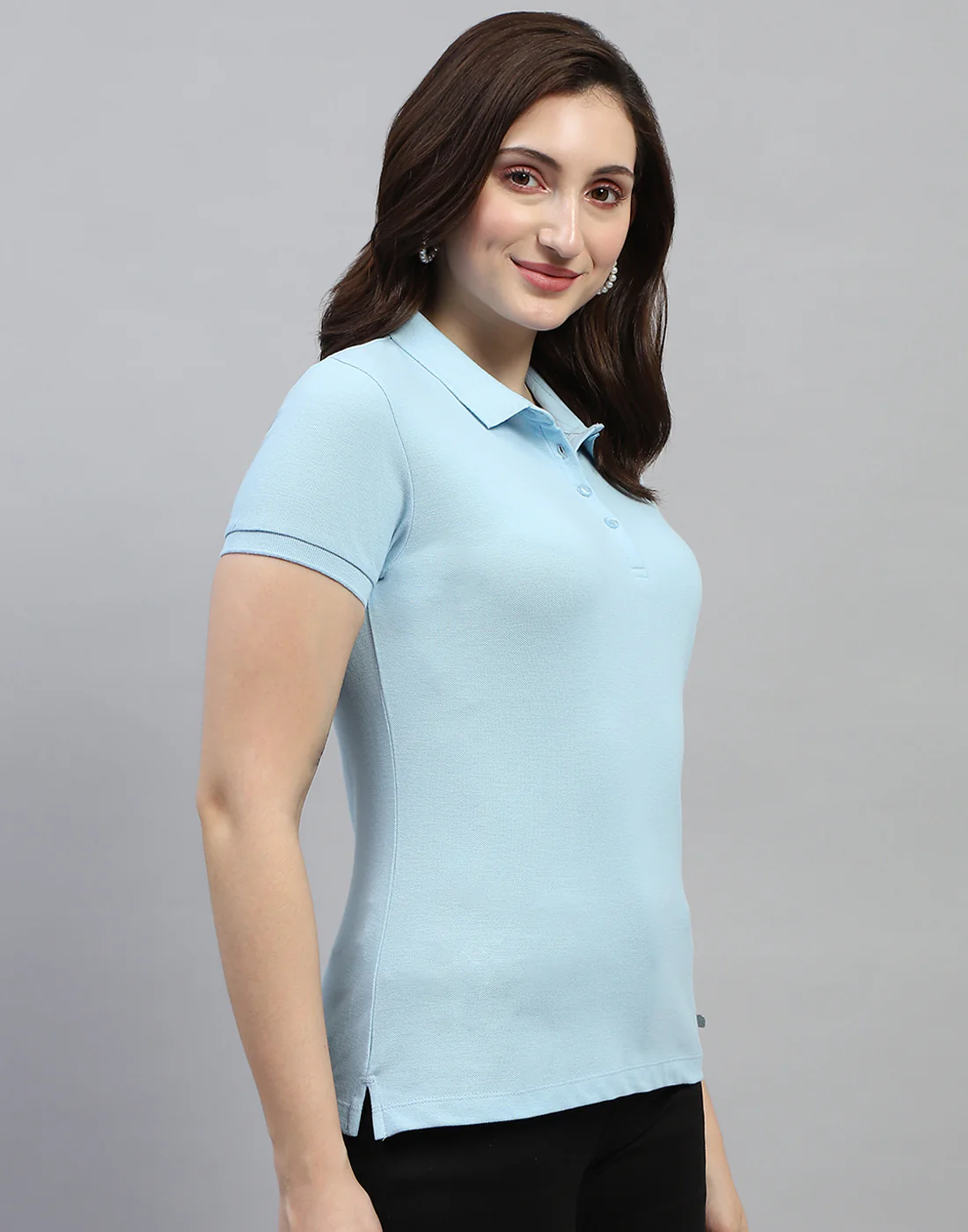 Women Sky Blue Solid Polo Collar Half Sleeve T Shirt - Image 4