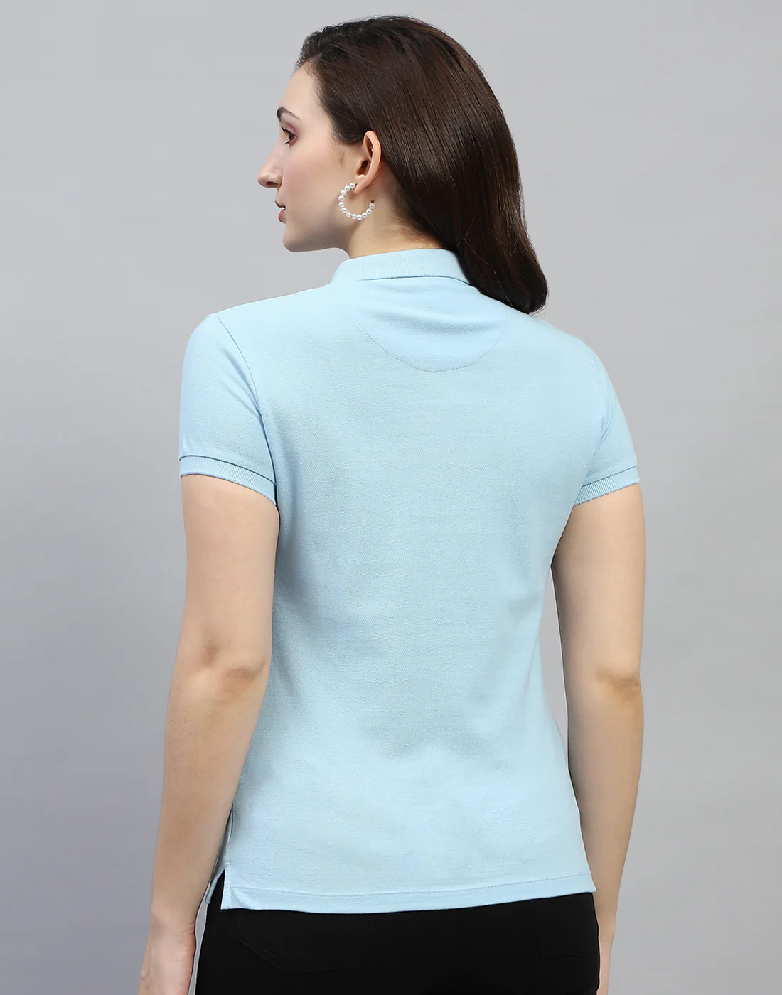 Women Sky Blue Solid Polo Collar Half Sleeve T Shirt - Image 5