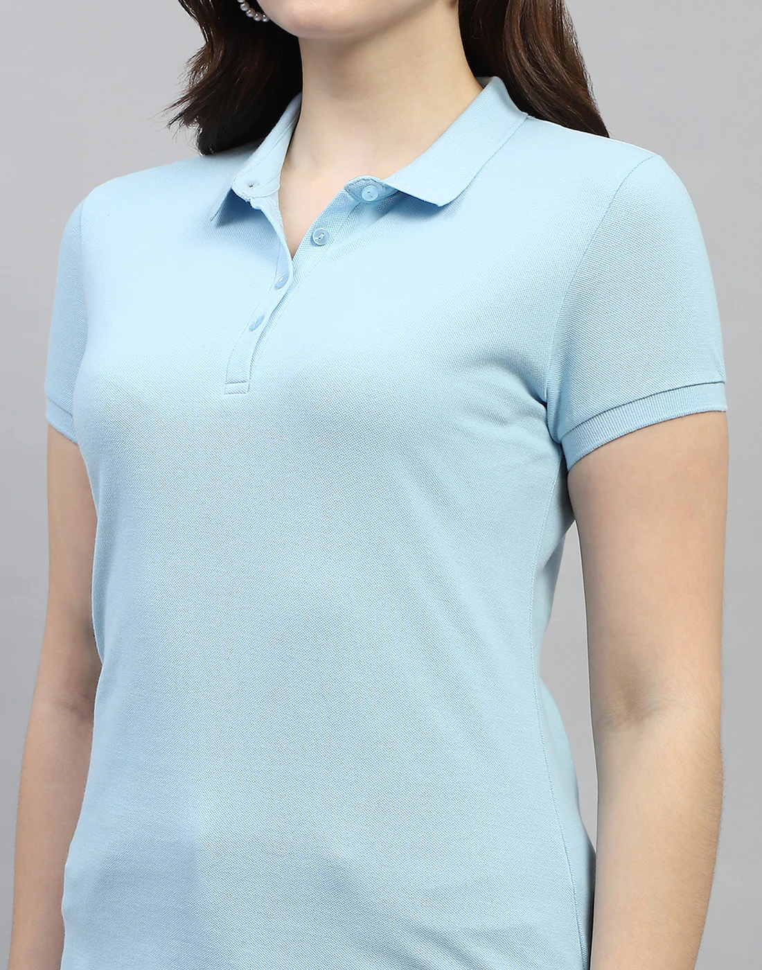 Women Sky Blue Solid Polo Collar Half Sleeve T Shirt - Image 6