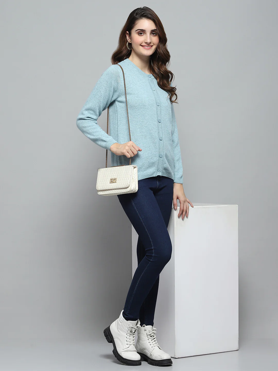 Women Sky Blue Solid Round Neck Full Sleeve Cardigan - Image 2