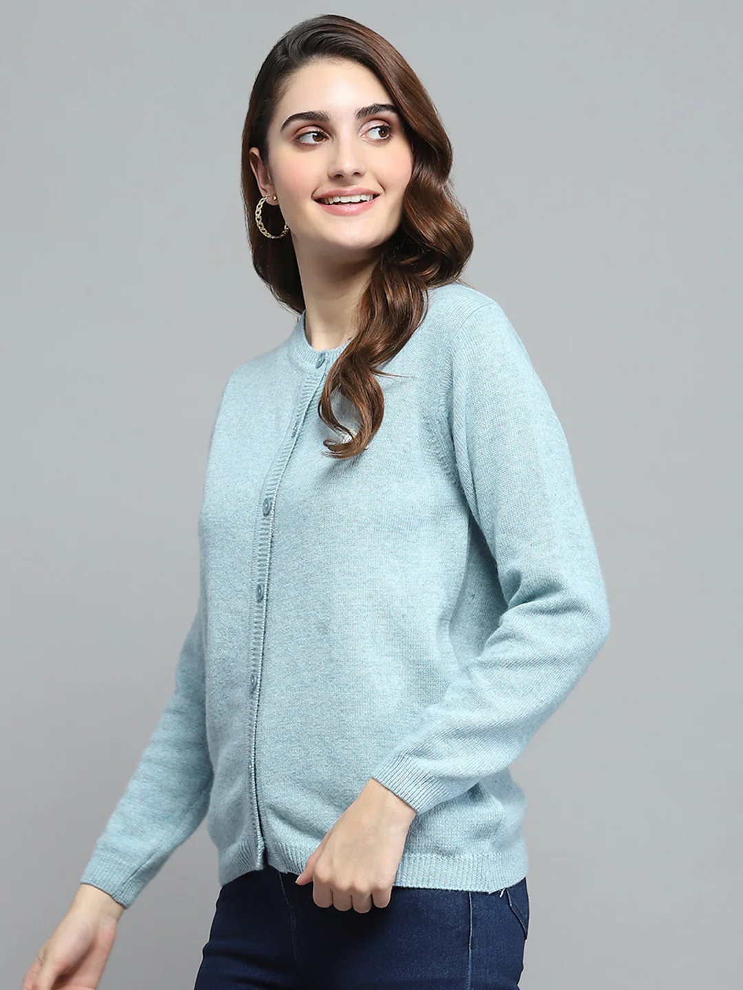Women Sky Blue Solid Round Neck Full Sleeve Cardigan - Image 3