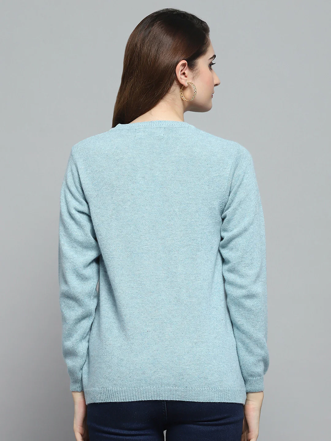 Women Sky Blue Solid Round Neck Full Sleeve Cardigan - Image 5