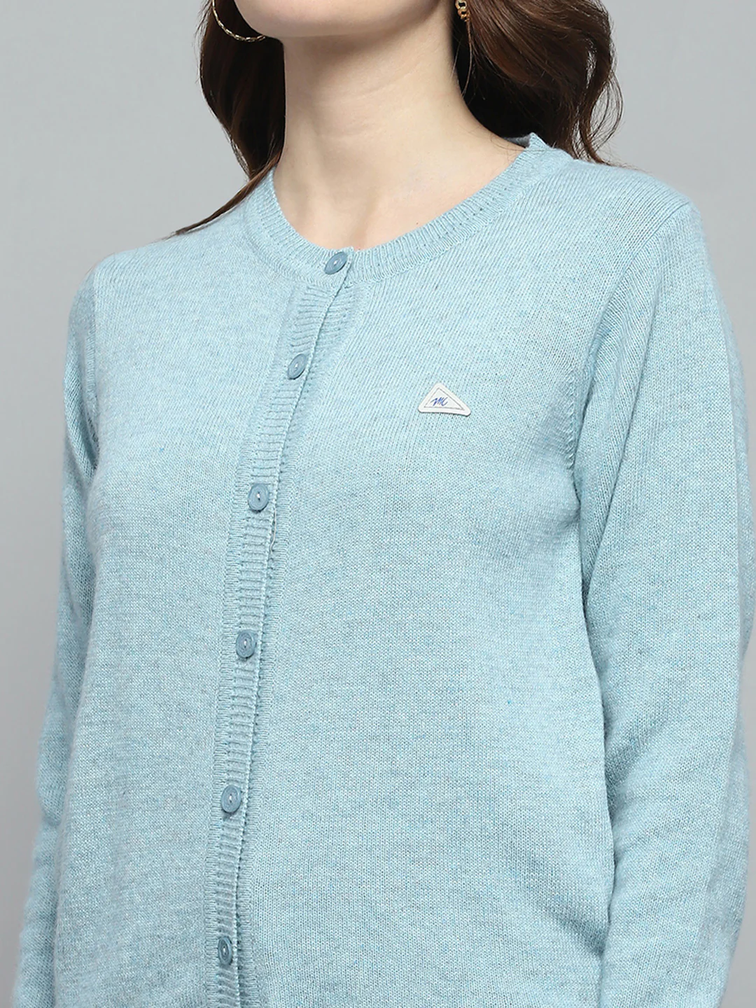 Women Sky Blue Solid Round Neck Full Sleeve Cardigan - Image 6