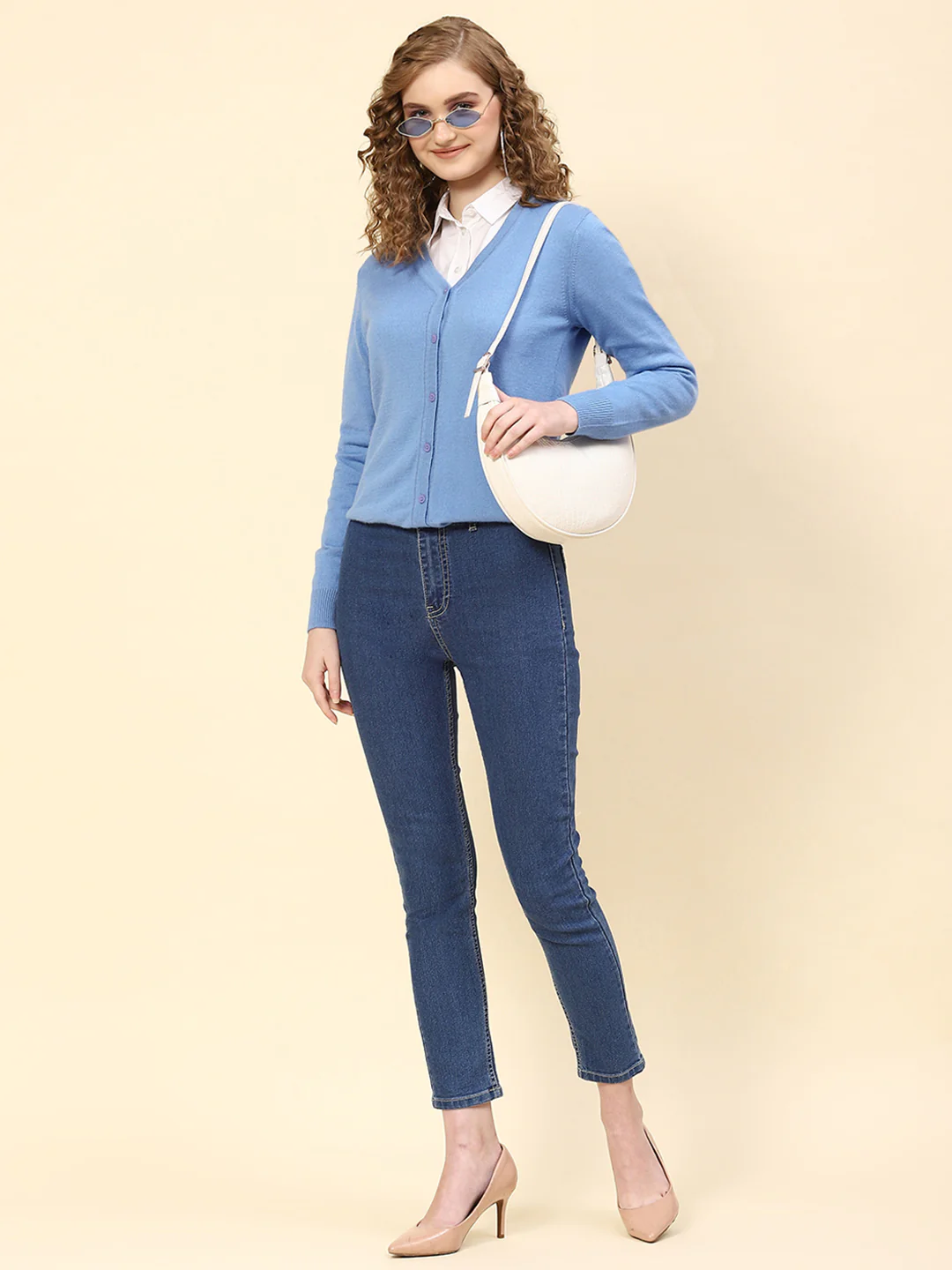 Women Sky Blue Solid V Neck Full Sleeve Cardigan - Image 2