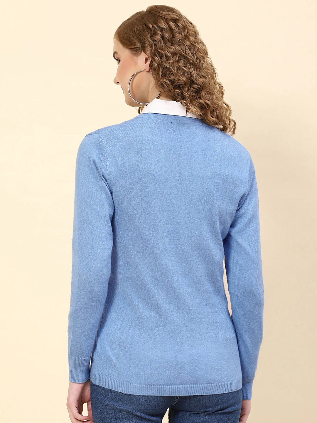 Women Sky Blue Solid V Neck Full Sleeve Cardigan - Image 5