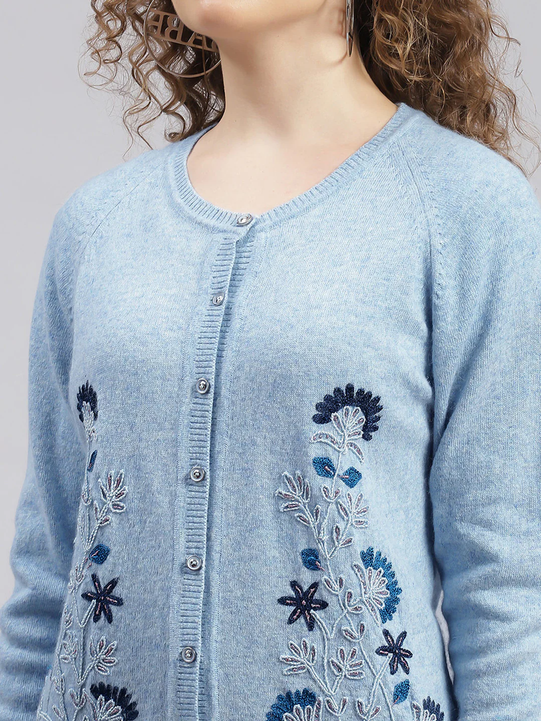 Women Sky Blue Solid Wool blend Cardigan - Image 6