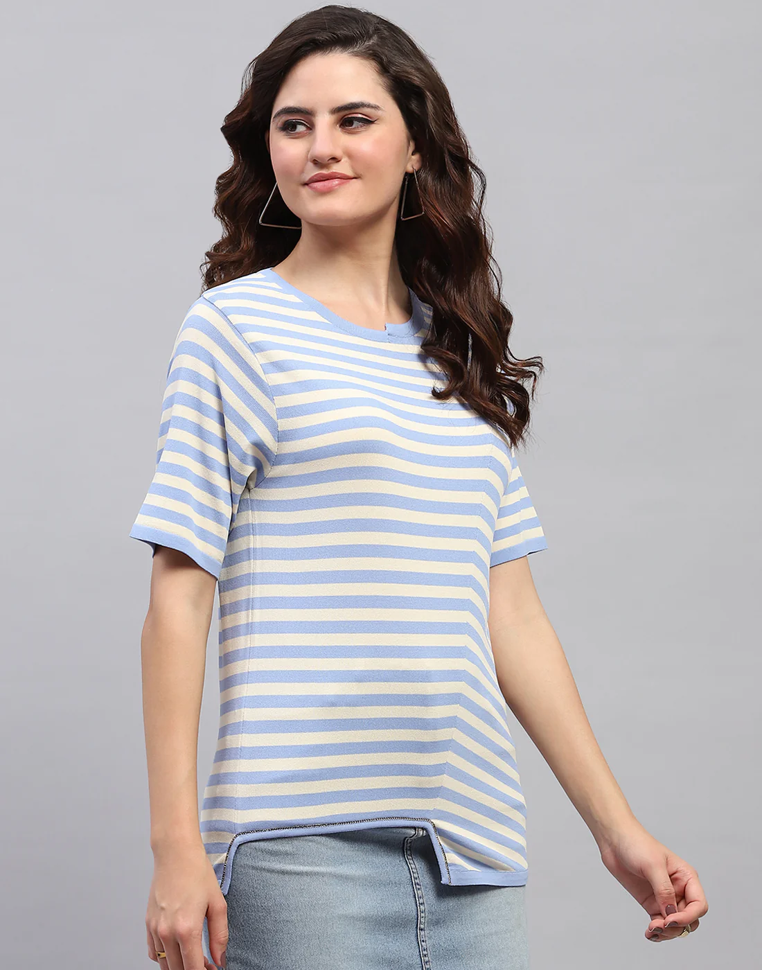 Women Sky Blue Stripe Round Neck Half Sleeve Top - Image 4