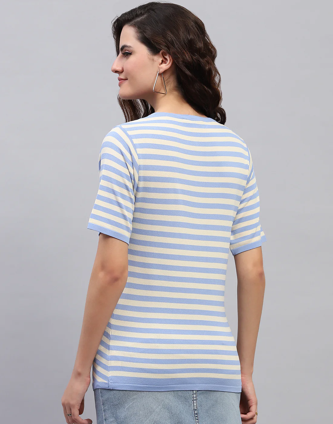 Women Sky Blue Stripe Round Neck Half Sleeve Top - Image 5