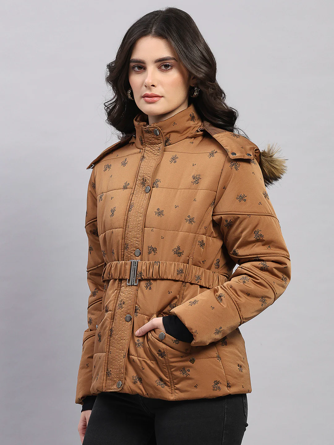 Women Tan Printed Hooded Full Sleeve Jacket - Image 3