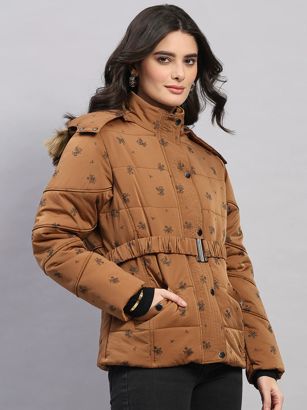 Women Tan Printed Hooded Full Sleeve Jacket - Image 4
