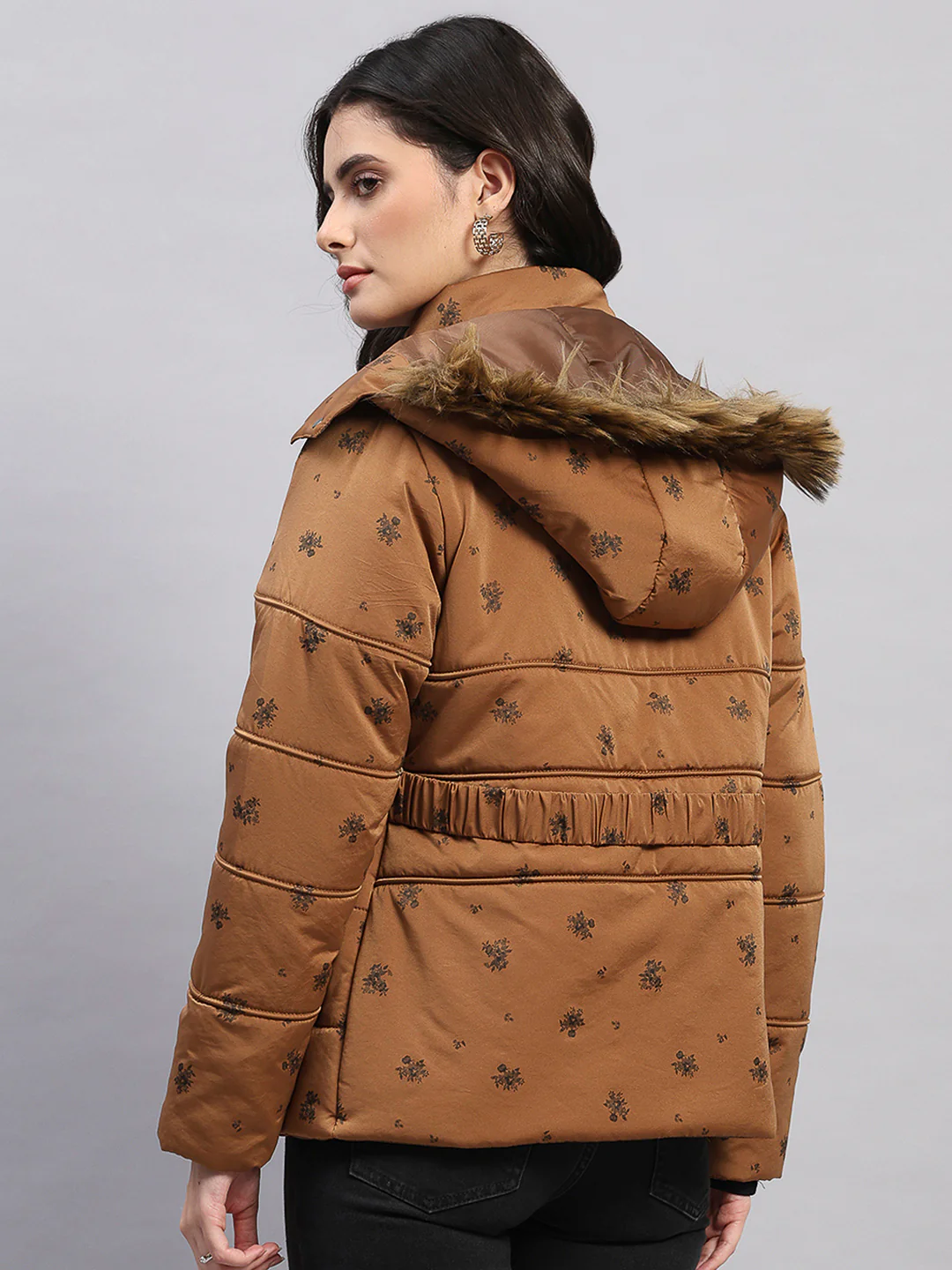 Women Tan Printed Hooded Full Sleeve Jacket - Image 5