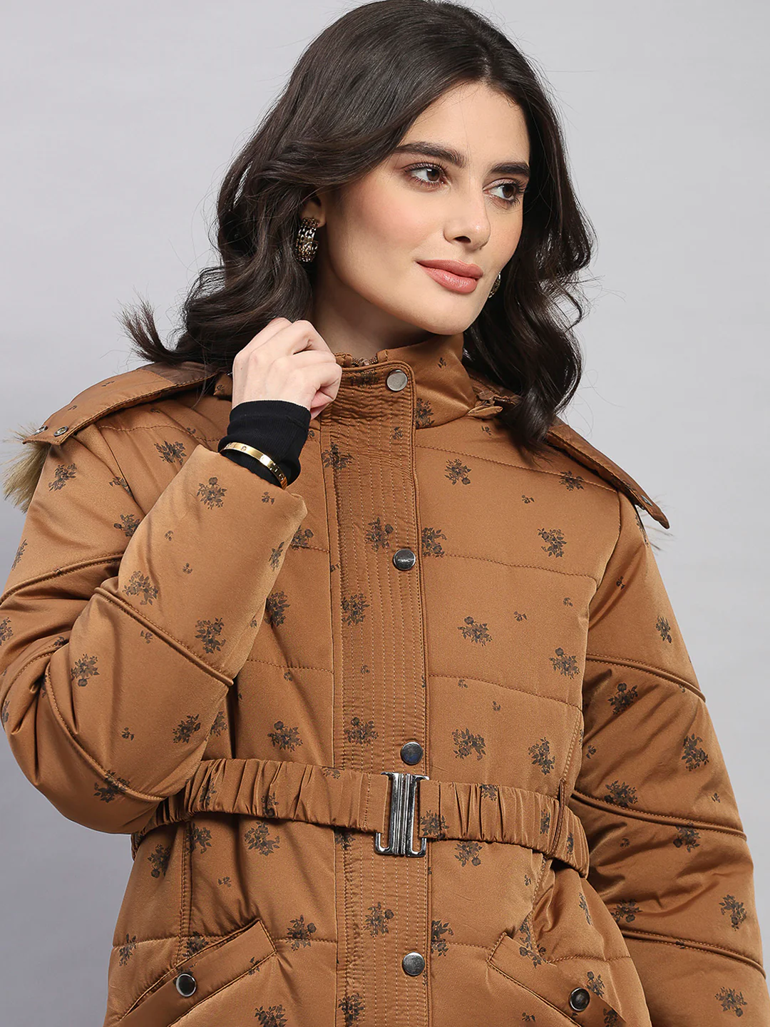 Women Tan Printed Hooded Full Sleeve Jacket - Image 7